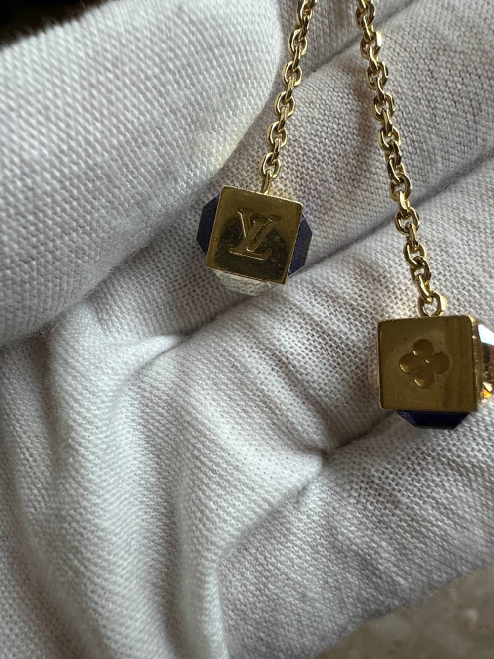 Gold and Navy blue  Cube Drop Earrings - Luxury Brand - Picture 6 of 7